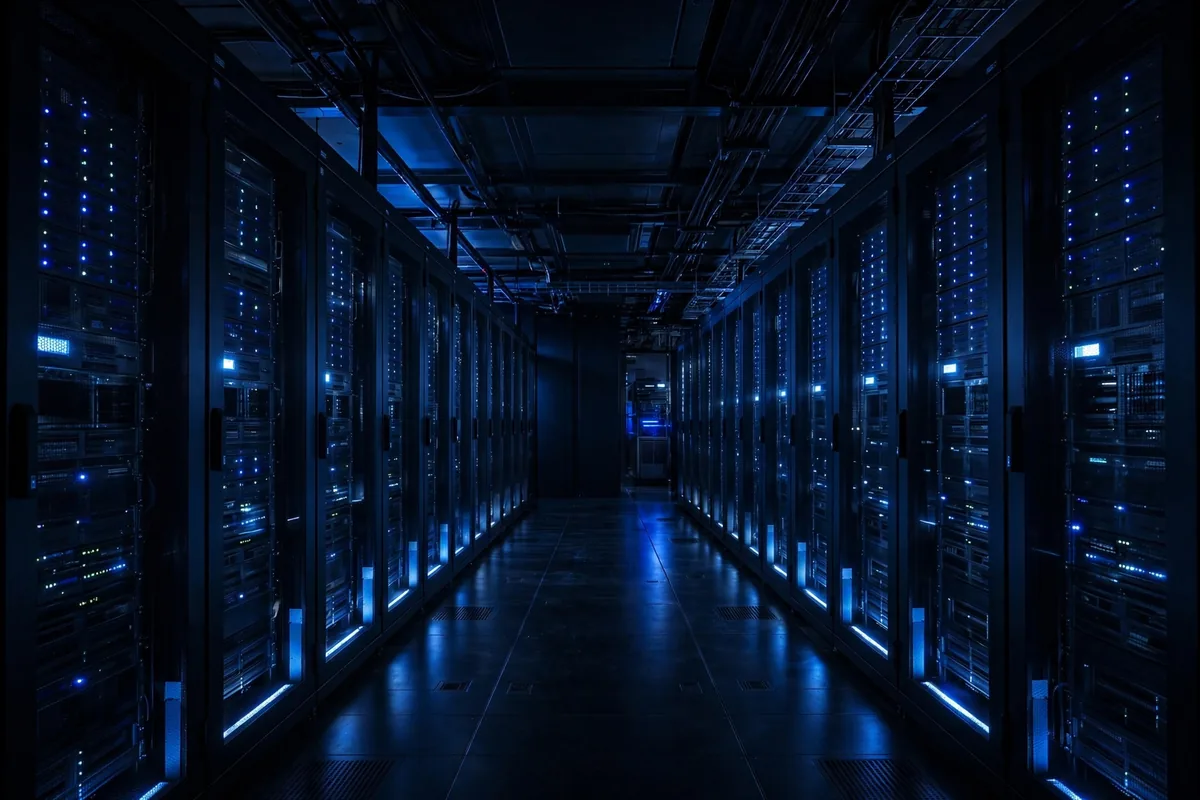 A dark server room lit in blue