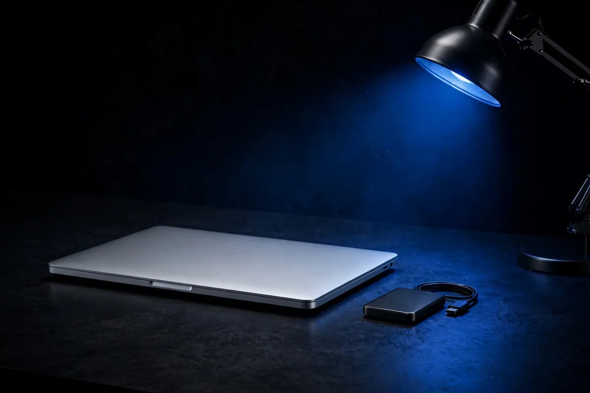 A laptop and a drive on a desk