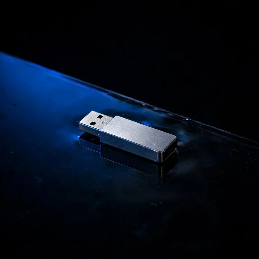 A USB drive on black glass
